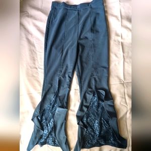 Goth muted blue pants w/ lace panels & flare bottoms